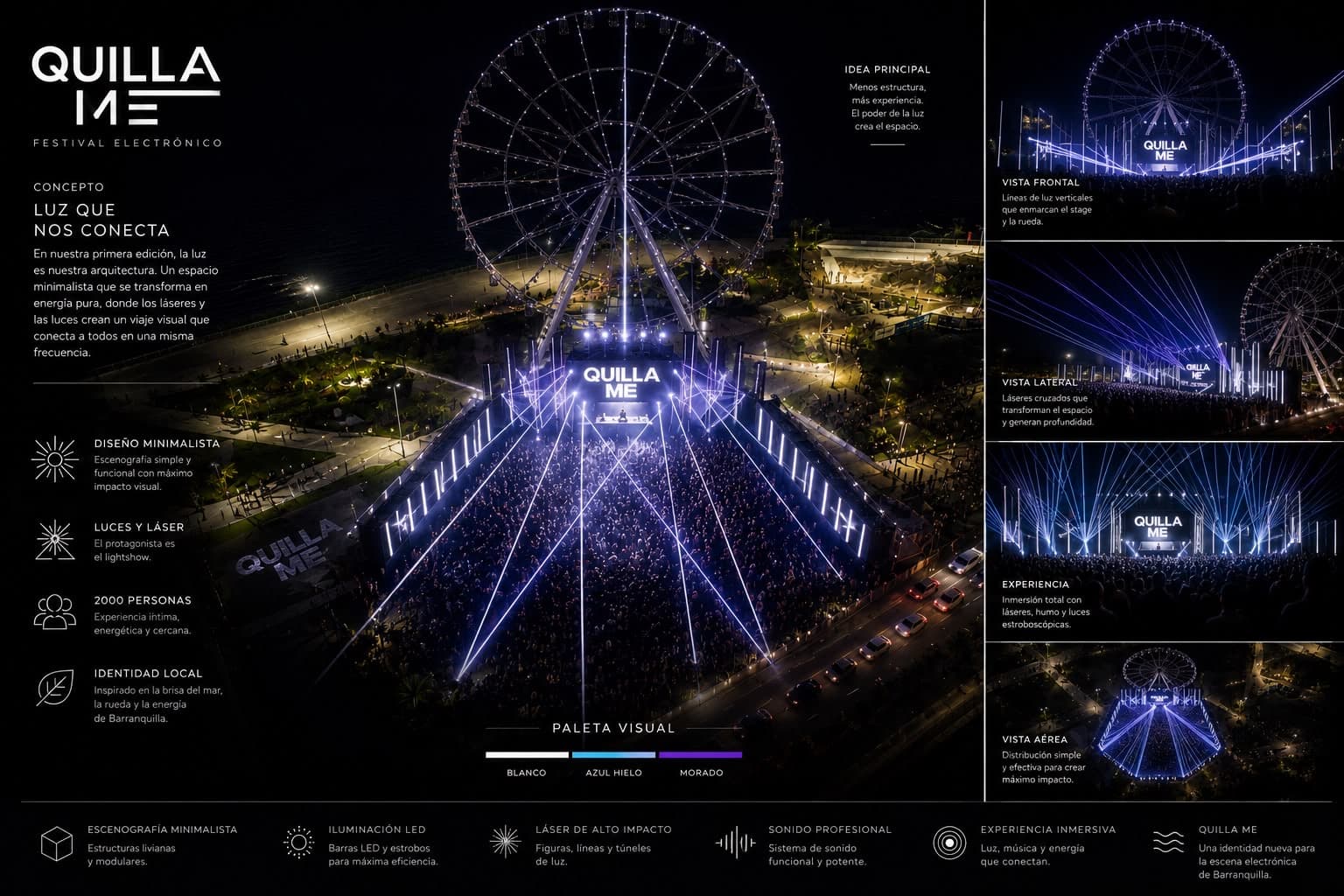 QUILLA ME festival concept board: an aerial view of the Ferris wheel stage with laser lighting, alongside the visual concept, palette, and experience notes